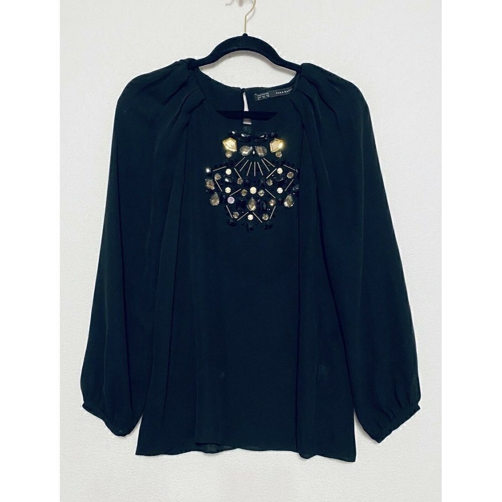 Zara Top Womens Medium Black Rhinestone Embellished Pleated Shoulder Boho